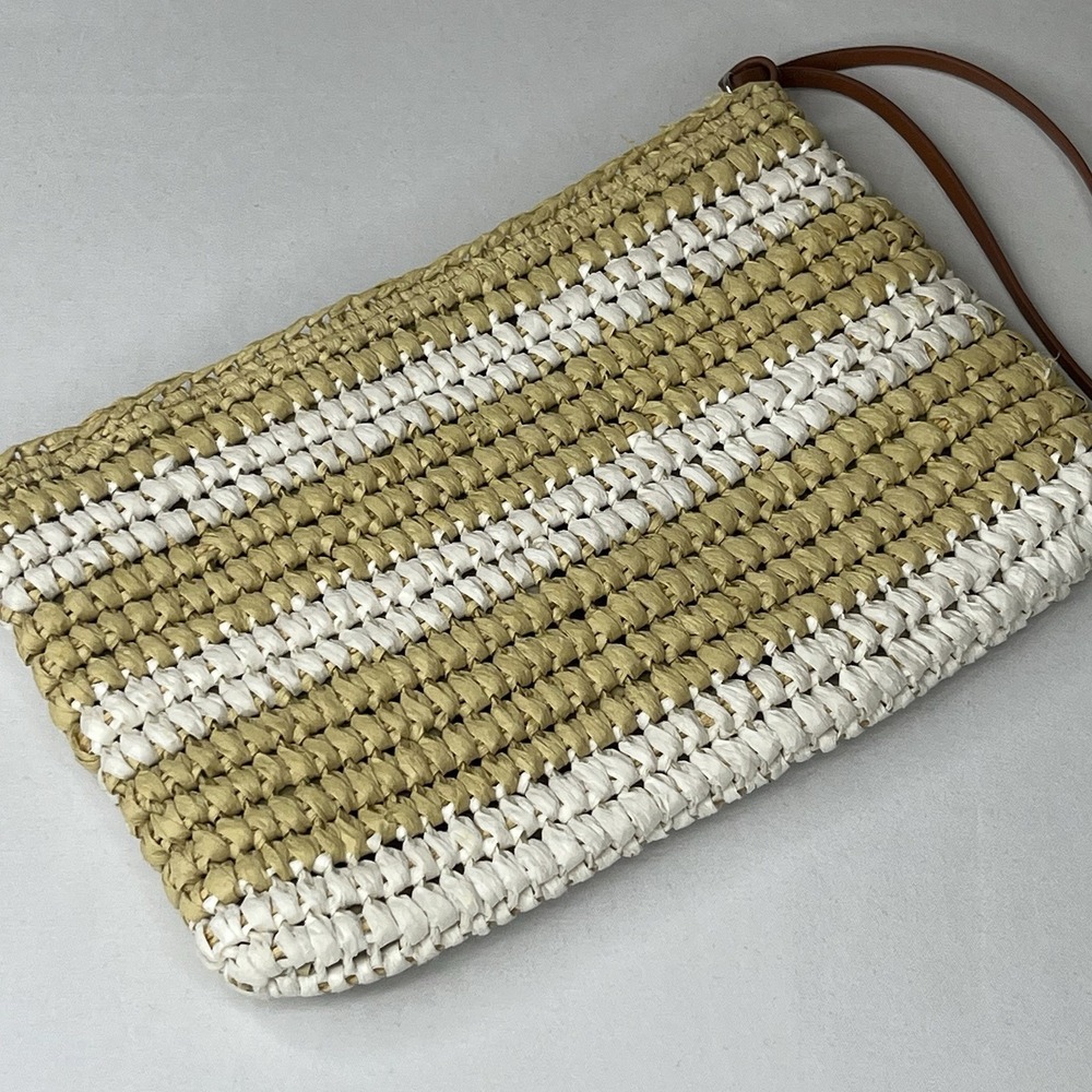 GAP Straw Clutch Bag Woven Zip Pouch Beige White Summer Beach Boho Women - Picture 5 of 15